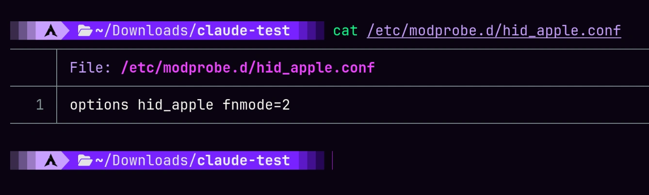 Contents of /etc/modprobe.d/hid_apple.conf after applying the fix