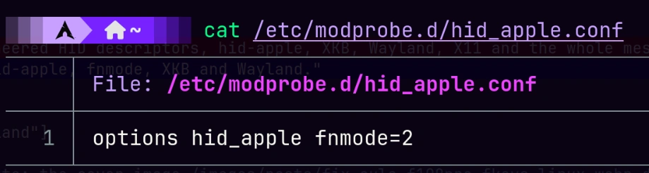 Contents of /etc/modprobe.d/hid_apple.conf with options hid_apple fnmode=2