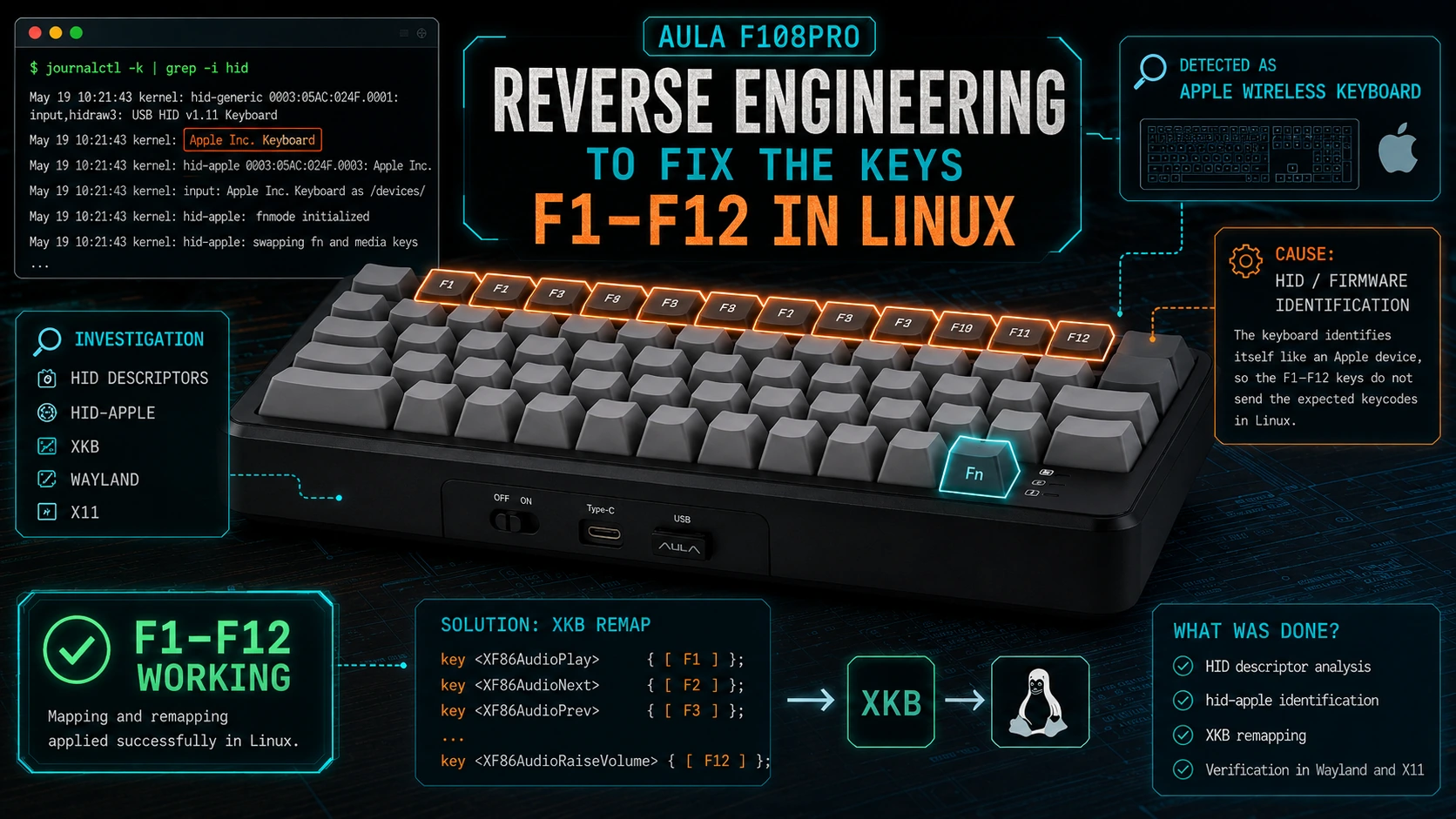 Reverse-engineering my Aula F108Pro on Linux to fix the F-keys